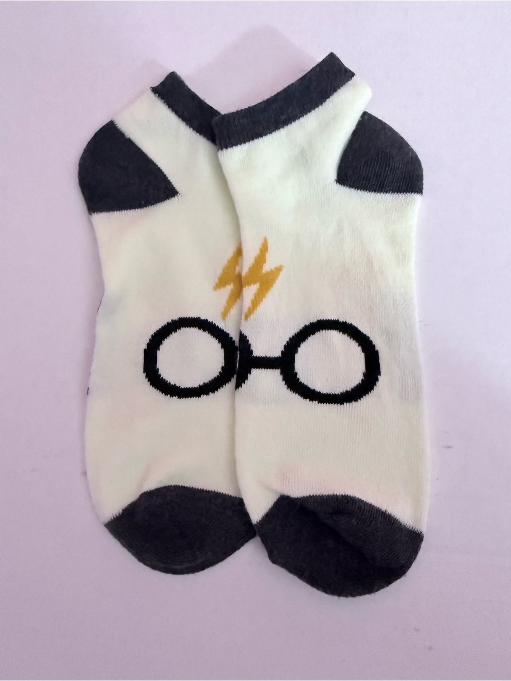 White Low-Cut Socks with Black Glasses Motif and Yellow Lightning Accent